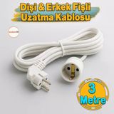 Seyyar Uzatma Kablosu 3 Metre Dişi-Erkek Fişli F19c Kalın Priz Prizli Sanayi Bahçe Elektrik Kablosu