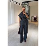 Sezgi Tekin Düğme Detay Kuşaklı Füme Denim Gömlek / Pantolon Takım