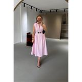 Sezgi Tekin Kemer Detay Gömlek Yaka Pastel Pembe Midi Poplin Elbise