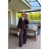 Sezgi Tekin V Yaka Bel Pileli Bluz/Pantolon Kahve Keten Takım
