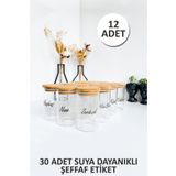 Sezka Life 12 Adet Bambu Kapaklı Borosilikat Baharatlık Kavanoz 30 Adet Suya Dayanıklı Şeffaf Etiket-6x11-250ml