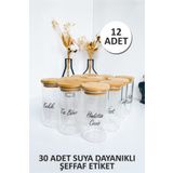 Sezka Life 12 Adet Bambu Kapaklı Borosilikat Baharatlık Kavanoz 30 Adet Suya Dayanıklı Şeffaf Etiket-6x12-300ml