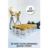 Sezka Life 12 Adet Bambu Kapaklı Borosilikat Baharatlık Kavanoz 30adetsuyadayanıklı Şeffaf Etiket-5.5x8.5 180ml