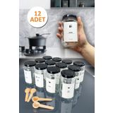 Sezka Life 12'li Metal Kapaklı Bambu Kaşıklı Cam Kavanoz Baharatlık Ve 32 Adet Baharat Etiket Seti - 240ml