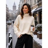 SFG Life Moda Kadın Balıkçı Yaka Tüylü Şardonlu Oversize Kazak - Bej - Standart
