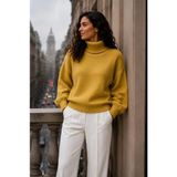 SFG Life Moda Kadın Balıkçı Yaka Tüylü Şardonlu Oversize Kazak - Hardal - Standart