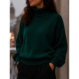 SFG Life Moda Kadın Balıkçı Yaka Tüylü Şardonlu Oversize Kazak - Zümrüt Yeşil - Standart
