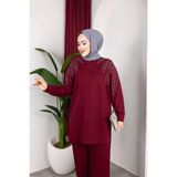 Sfg Life Moda Kadın Bordo Tesettür Giyim Zarif Taş Detaylı Tunik & Pantolon İkili Takım