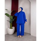 Sfg Life Moda Kadın Çilek Kumaş Dik Yaka Düğmeli Fırfır Detaylı Tesettür Tunik Pantolon Ikili Takım - XL - Saks Mavi