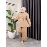 Sfg Life Moda Kadın Gömlek Yaka Ve Önü Düğme Detaylı Belden Bağcıklı Pantalon & Tunik Keten İkili Takım Bej 2XL