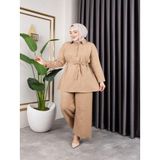 Sfg Life Moda Kadın Gömlek Yaka Ve Önü Düğme Detaylı Belden Bağcıklı Pantalon & Tunik Keten İkili Takım Bej L