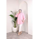 SFG Life Moda Kadın Önü Düğmeli Düz Çilek Kumaş Tunik Gömlek - L - XL - Pembe