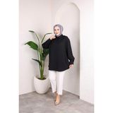 SFG Life Moda Kadın Önü Düğmeli Düz Çilek Kumaş Tunik Gömlek - XL - 2XL - Siyah