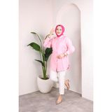 SFG Life Moda Kadın Önü Düğmeli ve Yan Bağcıklı Çilek Kumaş Tunik-Gömlek - XL - 2XL - Pembe