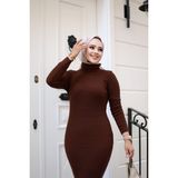 SFG Life Moda Kadın Tesettür Giyim Balıkçı Yaka ve Slim Model Triko Kalem Elbise - Standart - 0-Kahverengi