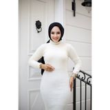SFG Life Moda Kadın Tesettür Giyim Balıkçı Yaka ve Slim Model Triko Kalem Elbise - Standart - 113-Krem Rengi