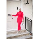 SFG Life Moda Kadın Tesettür Giyim Balıkçı Yaka ve Slim Model Triko Kalem Elbise - Standart - Açık Fuşya
