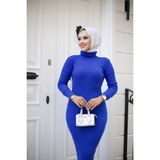 SFG Life Moda Kadın Tesettür Giyim Balıkçı Yaka ve Slim Model Triko Kalem Elbise - Standart - Açık Saks Mavi