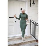 SFG Life Moda Kadın Tesettür Giyim Balıkçı Yaka ve Slim Model Triko Kalem Elbise - Standart - Haki
