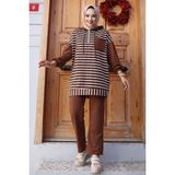 SFG Life Moda Kadın Tesettür Giyim Kapüşonlu ve Önü Yarım Fermuarlı Çizgili 2 Iplik Pantalon Ile Tunik Takım - Kahverengi