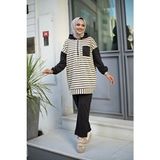 SFG Life Moda Kadın Tesettür Giyim Kapüşonlu ve Önü Yarım Fermuarlı Çizgili 2 Iplik Pantalon Ile Tunik Takım - Siyah