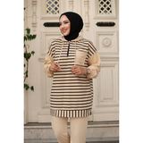 Sfg Life Moda Kadın Tesettür Giyim Kapüşonlu Ve Önü Yarım Fermuarlı Çizgili 2 İplik Pantalon İle Tunik Takım Vizon 2XL