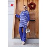 Sfg Life Moda Kadın Tesettür Giyim Kapüşonlu ve Önü Yarım Fermuarlı Çizgili 2 İplik Pantalon İle Tunik Takım
