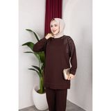 SFG Life Moda Kadın Tesettür Giyim Zarif Taş Detaylı Tunik & Pantolon Ikili Takım - Kahverengi - 2XL