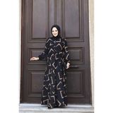 SFG Life Moda Kadın Yazlık Tesettür Önü Düğmeli Desenli Dokuma Viskon Şık Elbise - Lacivert - 2XL