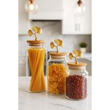 Sh Ticaret 3'lü Bambu Kapaklı Metal Ginkgo Figürlü Şeffaf Cam Kavanoz Şeffaf Cam Saklama Kabı 635/890/1400ML