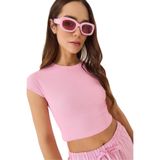 SHADE Bisiklet Yaka Kısa Kollu Basic Kaşkorse Crop Top T-Shirt, M, 60602044, Pembe, Kadın