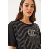 Shade Bisiklet Yaka Kısa Kollu Boncuk Taş Baskılı Salaş T-Shirt, S, 60283037, Siyah, Kadın