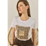 Shade Bisiklet Yaka Kısa Kollu Taş Baskılı Leopar Detaylı T-Shirt, S, 60283280, Beyaz, Kadın