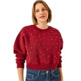 Shade Bisiklet Yaka Önü İnci Çakmalı Üç İplik Şardonlu Sweatshirt, L, 60601041, Bordo, kadın