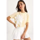 Shade Çiçek Aksesuarlı Kısa Kollu Pamuklu T-Shirt, M, 60602040, Tereyağ, Kadın