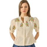 Shade Çiçek Nakışlı Bel Detaylı Kolu Lastikli Keten Gömlek, M, 60283306, Bej, Kadın