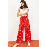 Shade Çiçekler Desen Beli Kuşaklı Bol Paça Viskon Pantolon, S, 10061051, Kırmızı, Kadın