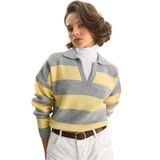 Shade Çizgili Polo Yaka Triko Kazak, Standart, 60283700, Gri-Sarı, Kadın
