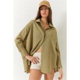 Shade Düşük Omuz Oversize Basic Bürümcük Gömlek, L, 60271069, Haki, Kadın