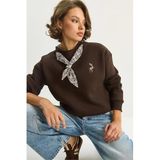 Shade Fular Detaylı Ceylan Nakışlı Üç İplik Şardonlu Oversize Sweatshirt, L, 60283615, Acı Kahve, kadın