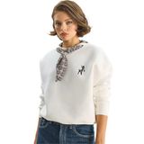 Shade Fular Detaylı Ceylan Nakışlı Üç İplik Şardonlu Oversize Sweatshirt, L, 60283615, Beyaz, kadın