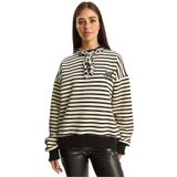 Shade Fular Detaylı Leopar Nakışlı Çizgili Oversize Sweatshirt, M, 60283818, Siyah-Ekru, kadın