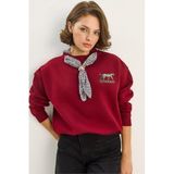 Shade Fular Detaylı Leopar Nakışlı Üç İplik Şardonlu Oversize Sweatshirt, L, 60283616, Bordo, kadın