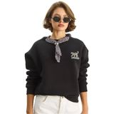 Shade Fular Detaylı Leopar Nakışlı Üç İplik Şardonlu Oversize Sweatshirt, M, 60283616, Siyah, kadın