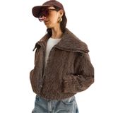 Shade Geniş Yakalı Cep Detaylı Astarlı Şardonlu Kaşe Crop Kaban, M, Geniş Yakalı Cep Detaylı Astarlı Şardonlu Kaşe Crop Kaban, Kahverengi, Kadın