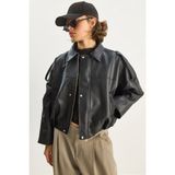 Shade Kadın Apolet Detaylı Cepli Oversize Suni Deri Bomber Ceket - Siyah - XL