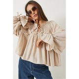 Shade Kadın Bağlama Detaylı Balon Kol Salaş Gofre Bluz 252 60282002, Bej, S