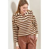 Shade Kadın Balıkçı Yaka Fermuarlı Çizgili Oversize Triko Kazak - Kahverengi - Standart