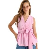 Shade Kadın Beli Lastikli Kruvaze Yaka Kuşaklı Poplin Bluz 8048 60283486, Toz Pembe, L
