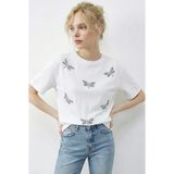 Shade Kadın Boncuk Taş Işlemeli Yusufçuk Desenli Rahat Kalıp T-Shirt - Beyaz